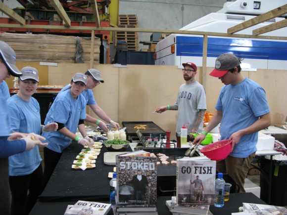 Harbour Fish employees assembling fish burgers – they were delicious!